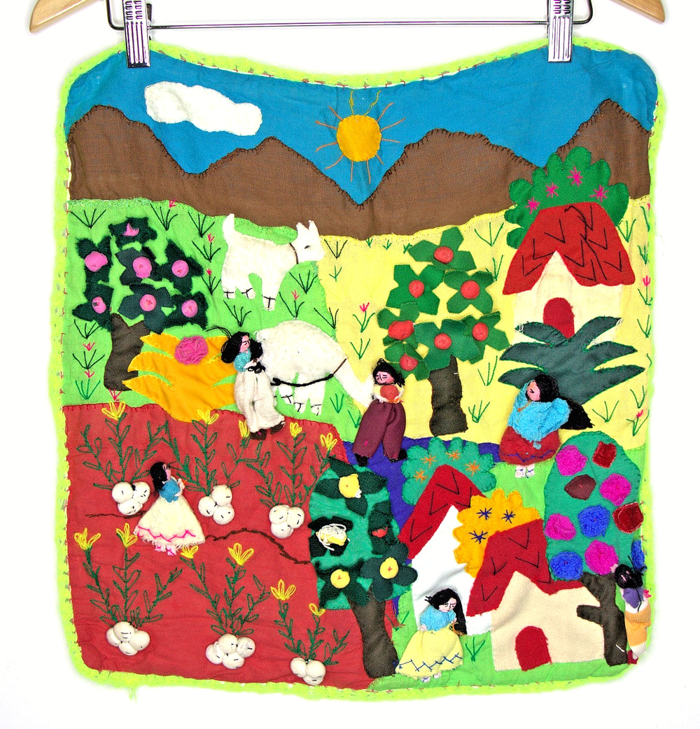 Peruvian Arpillera Wall Hanging Handmade Folk Art Textile Andean Village 19x18